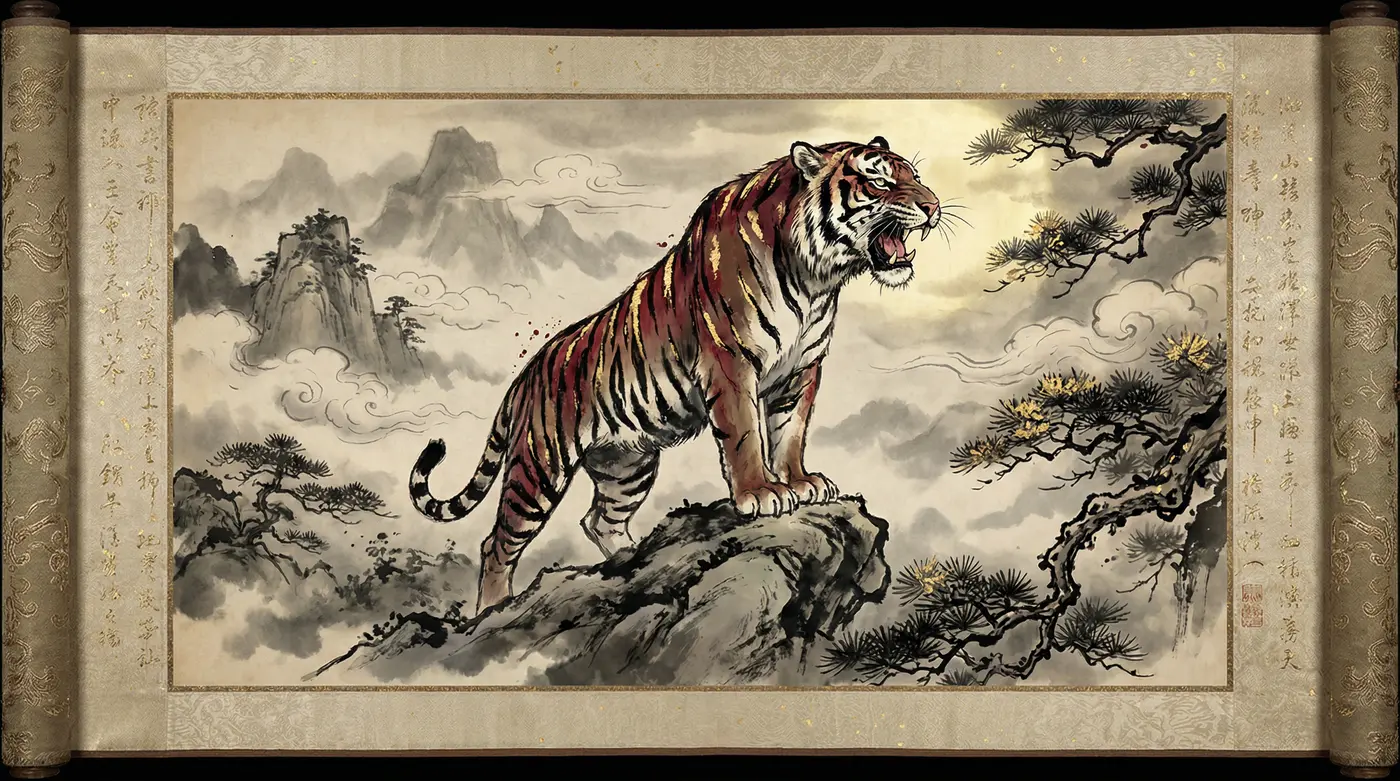 水墨虎画卷轴 - 四虎tv | 虎文化收藏精品